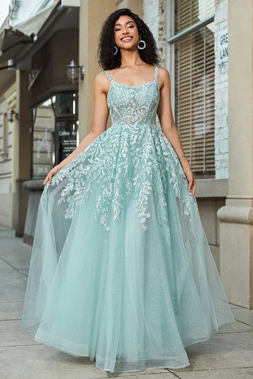 Splendida linea di spalline sottili menta corsetto abito da ballo con appliques